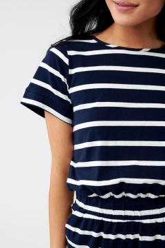womens blue and white wide waistband knee modest dress